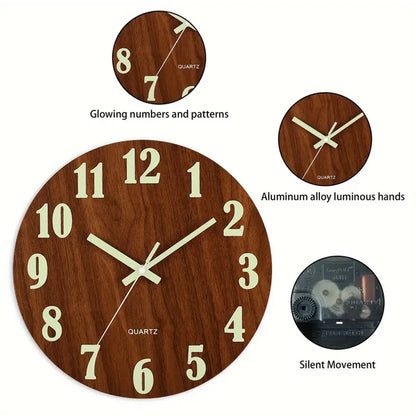 12 Inch Wooden Simple Luminous Wall Clock