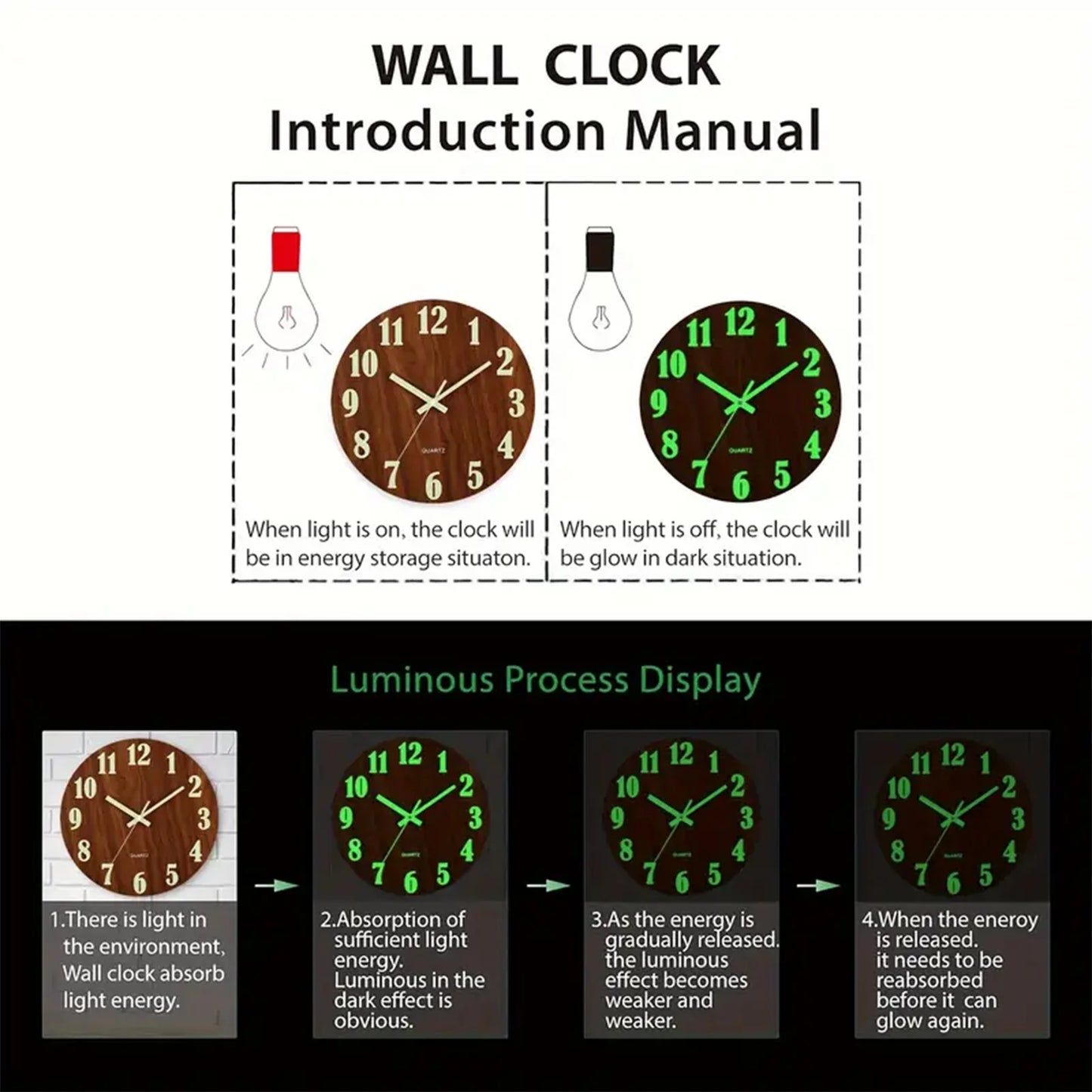 12 Inch Wooden Simple Luminous Wall Clock